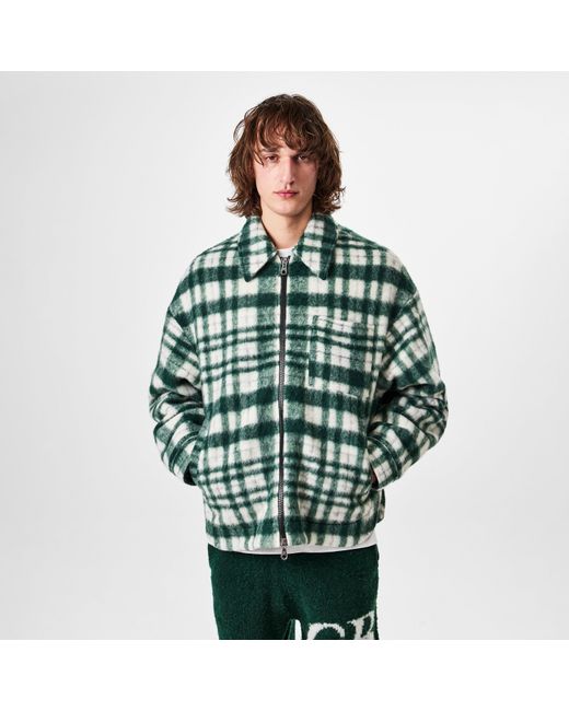 Cole Buxton Green Checked Wool Blend Long Sleeve Oversized Fit Overshirt for men