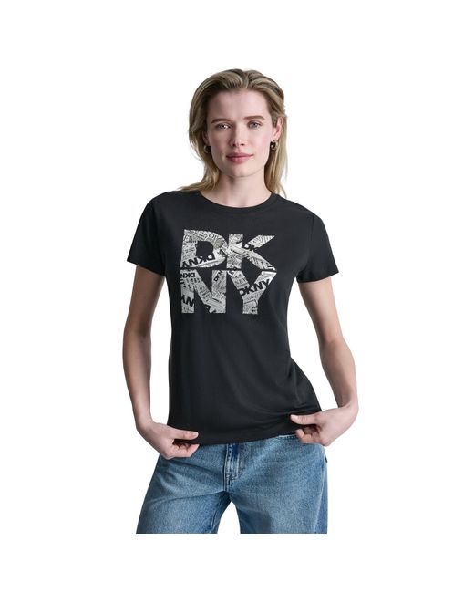 DKNY Black Newsprint Stacked Logo Crew Neck Tee