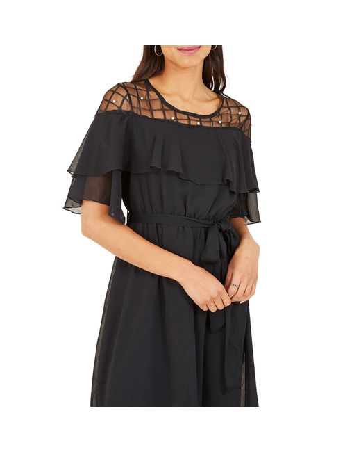 Yumi' Black Lace Frill Midi Dress