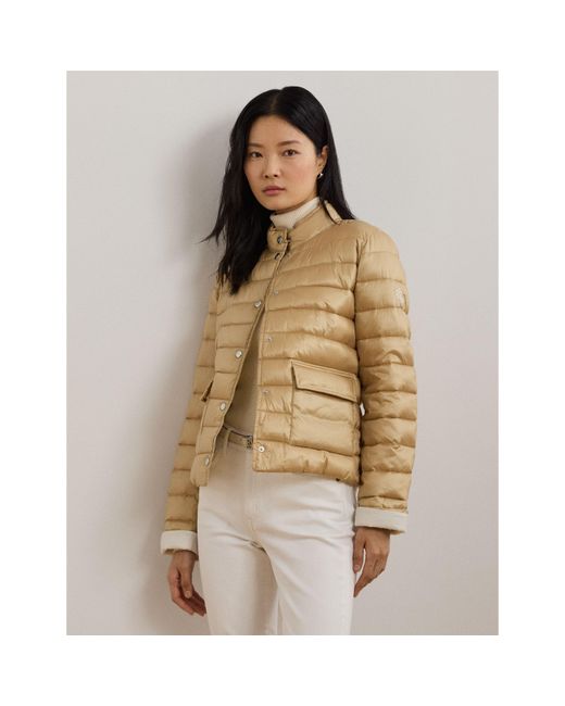 Ralph Lauren Natural Metallic Quilted Duck Down Long Sleeve Short Puffer Jacket