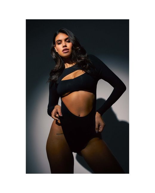 Wolf & Whistle Black Laurel Cut-Out Jersey Long-Sleeved Body