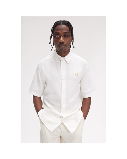 Fred Perry White Seersucker Short Sleeve Shirt for men
