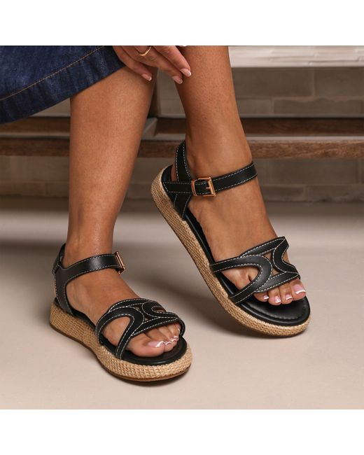 Where's That From Black Pu Sofia Wide Fit Flatform Sandal