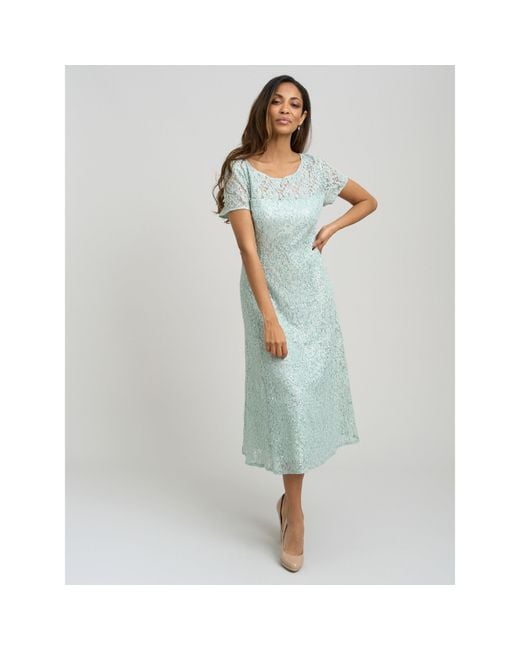 Gina Bacconi Blue Genny Cap Sleeve Midi Sequin Lace Dress