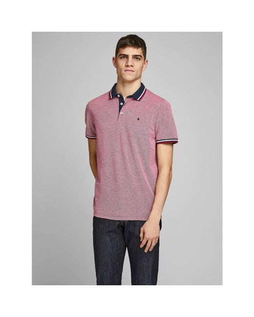 Jack & Jones Pink Paulos Tipped Pique Short Sleeve Polo Shirt for men