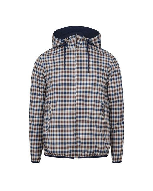 Aquascutum Blue Reversible Check Hooded Long Sleeve Rain Anorak for men