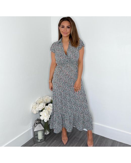 AX Paris Blue Floral Print Short Sleeved V-Neck Midi Smock Dress