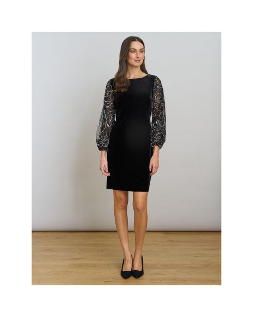 Gina Bacconi Black Sky Velvet Dress With Sheer Sleeves