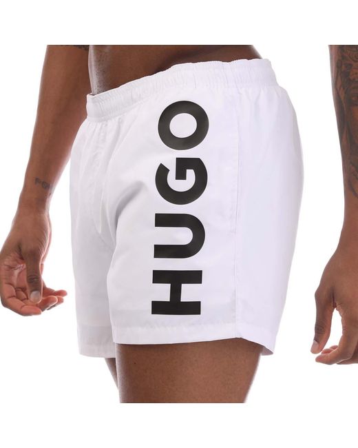 HUGO White Abas Logo Print Swim Shorts for men