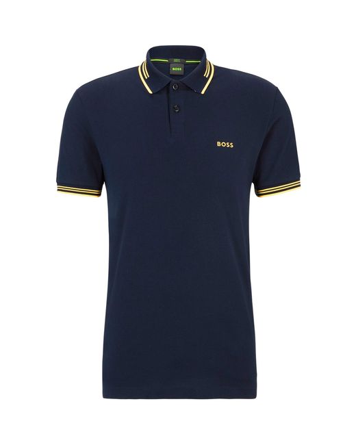Boss Blue Paul Contrast Striped Trim Short Sleeve Polo Shirt for men