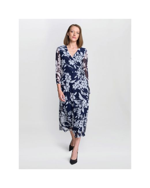 Gina Bacconi Blue Jan Floral Chiffon Wrap Midi Dress