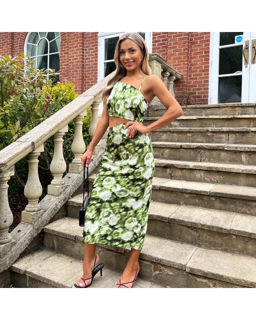 AX Paris Green Printed Asymmetric Cut Out Midi Dress