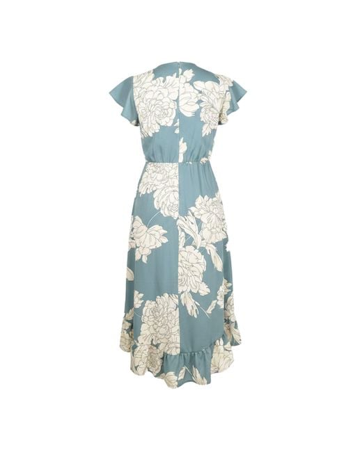 AX Paris Blue And Cream Floral Print Frill Hem Wrap Midi Dress