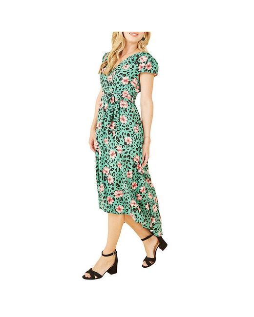 Mela London Green Animal Print Dipped Hem Wrap Dress