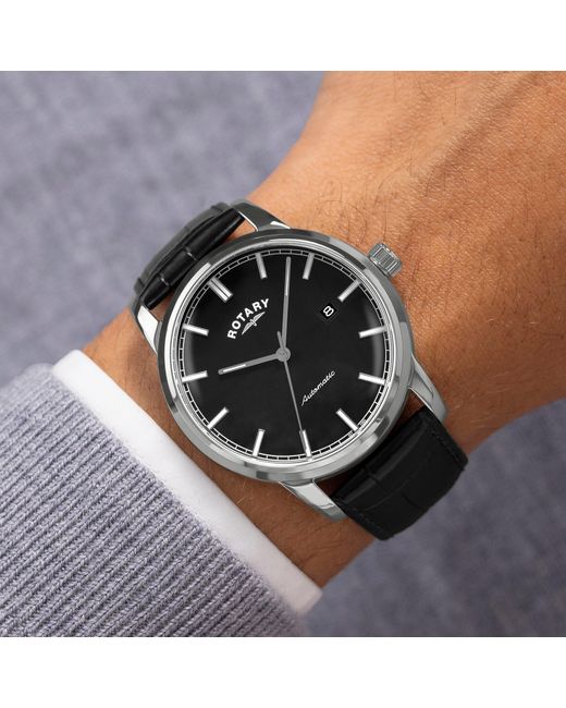 Rotary Black Heritage Auto Ss Leather Watch for men