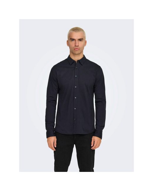 ONLY Blue Long-Sleeve Plain Shirt for men