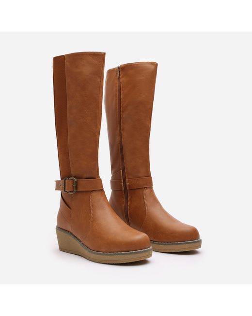 Where's That From Brown Wheres Knee High Wedge Boots With Strap And Buckle