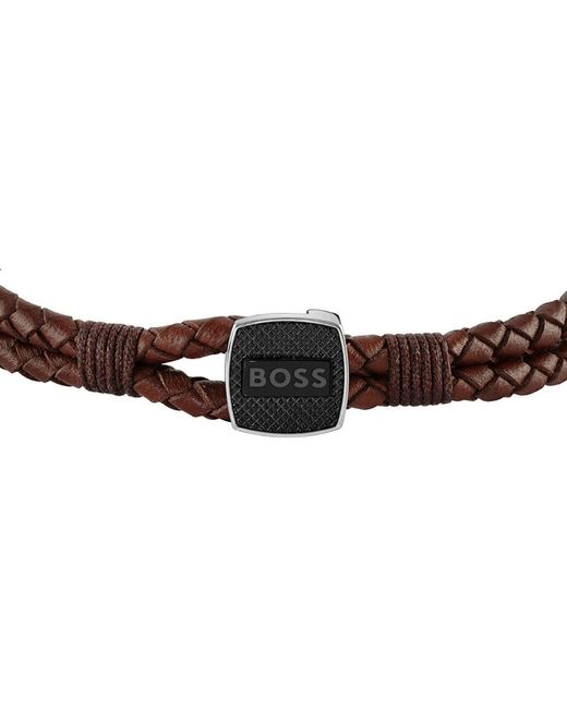Boss Brown Braided Leather Seal Bracelet for men