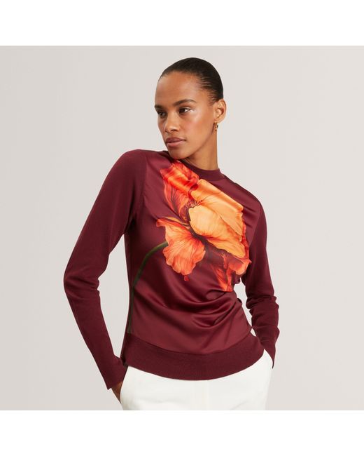 Ted Baker Red Ted Printed Satin Front Fine Knit Top