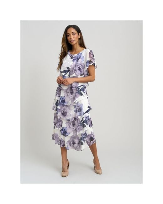 Gina Bacconi Blue Rena Midi Printed Tiered Chiffon Dress