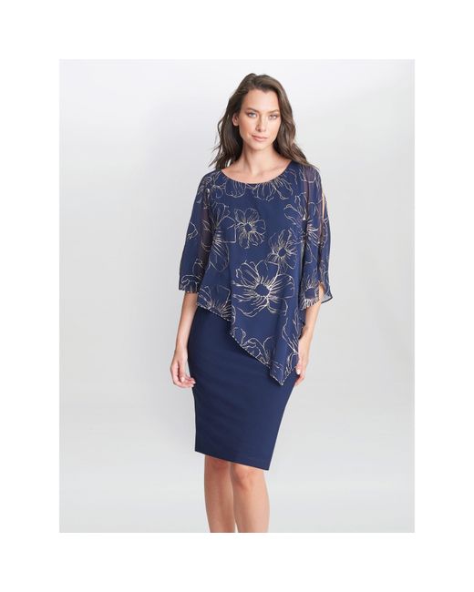 Gina Bacconi Blue Fiona Floral Glittered Asymmetric Dress