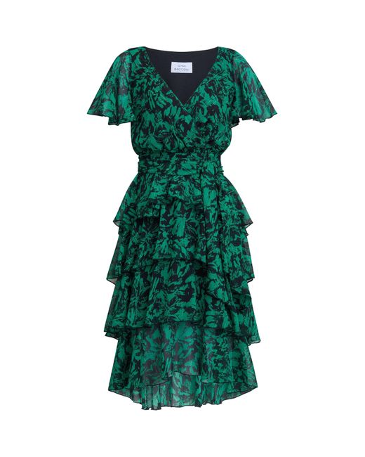 Gina Bacconi Green Lottie Elastic Waist Tiered Dress