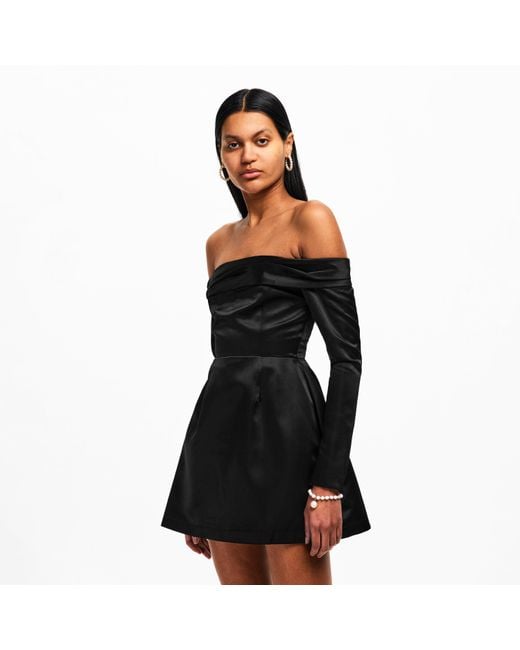 Odd Muse Black Satin Bardot Mini Dress