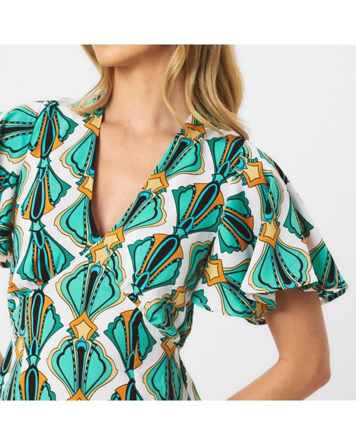 AX Paris Green Print V Neck Tie Detail Short Sleeve Midi Dress