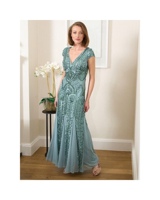 Gina Bacconi Blue Mimsy V Neck Beaded Maxi Dress