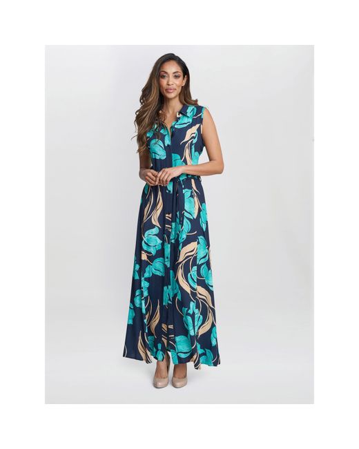 Gina Bacconi Blue Ariel Long Sleeveless Shirt Dress
