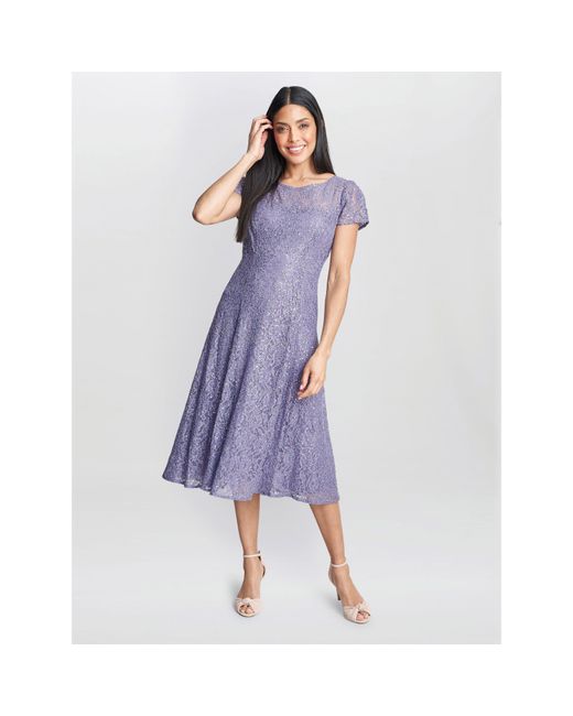 Gina Bacconi Purple Genny Cap Sleeve Midi Sequin Lace Dress