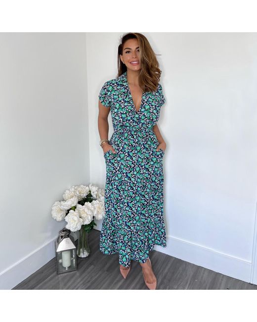 AX Paris Blue Floral Print Short Sleeved V-Neck Midi Smock Dress