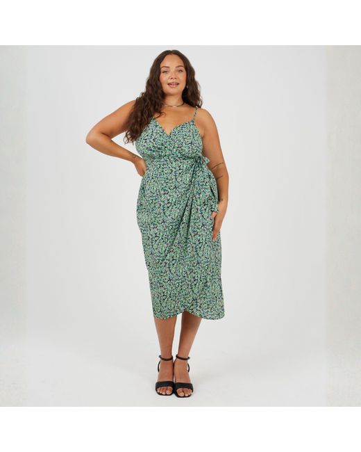 Brave Soul Green Plus Size Knot Front Strappy Midi Dress With Floral Print