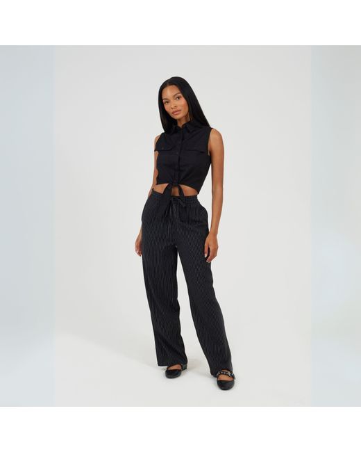 Brave Soul Black Sleeveless Collared Top With Tie Detail