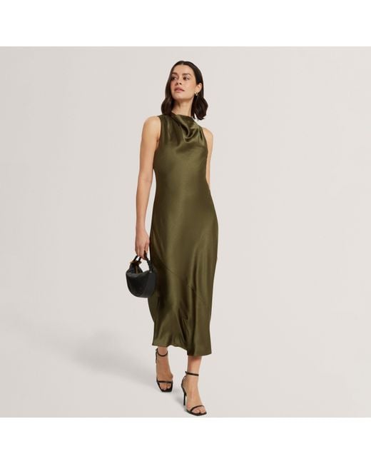 Ted Baker Green Sleeveless Cowl Neck Satin Midi Dress