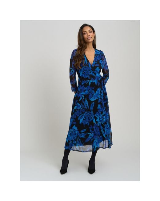 Gina Bacconi Blue Indie Floral Mesh Wrap Midi Dress