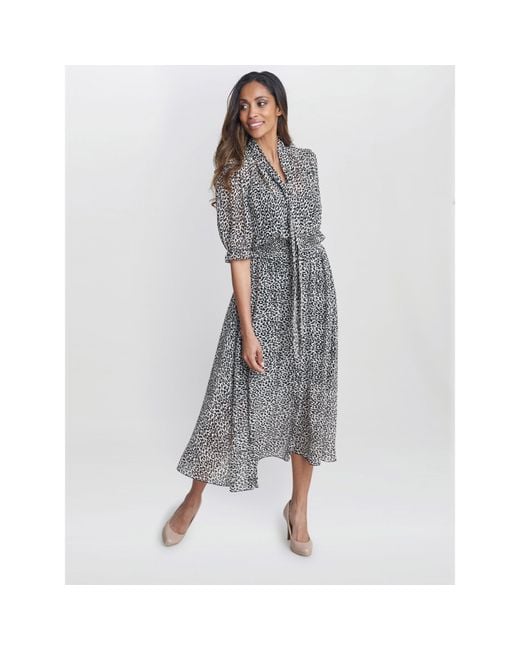Gina Bacconi Gray Mimi Godet Pussy Bow Dress