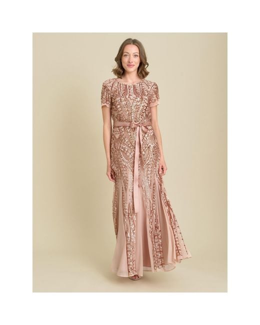 Gina Bacconi Brown Monique Embroidered Sequin Godet Dress