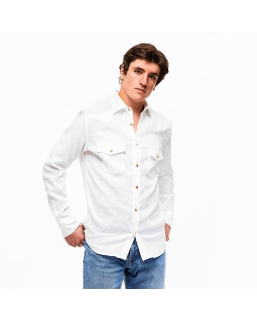 Jacob Cohen White Western Linen Long Sleeve Cowboy Shirt for men