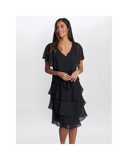 Gina Bacconi Black Lona Georgette Tiers Short Capelet Dress
