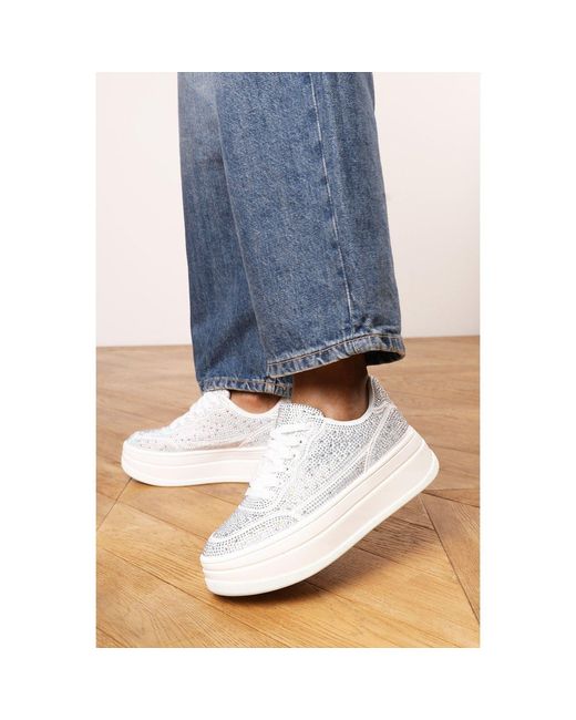 Where's That From Blue Wedge Lace Up Trainer With Diamante Detail