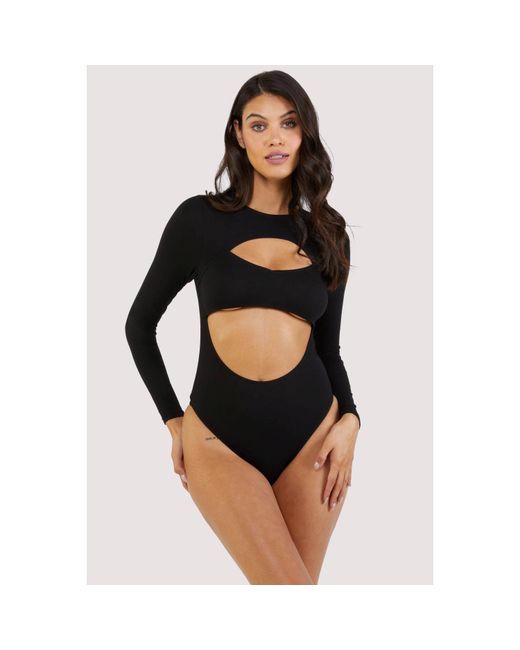 Wolf & Whistle Black Laurel Cut-Out Jersey Long-Sleeved Body