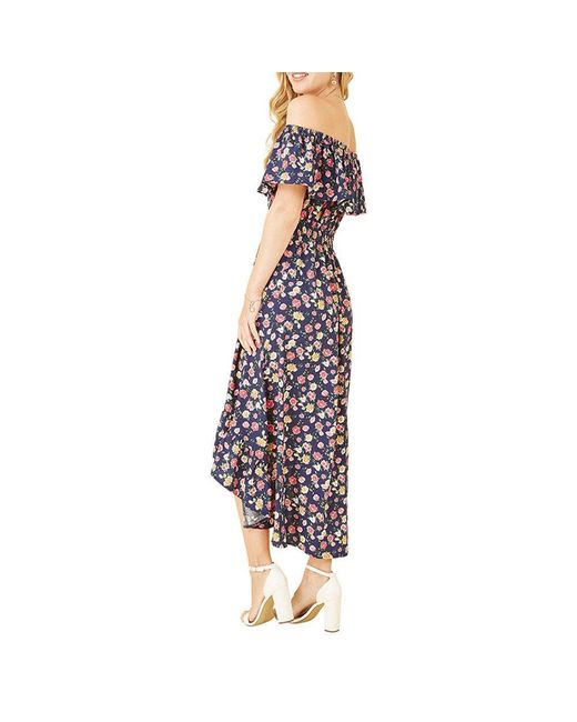 Mela London Blue Bardot Floral High Low Maxi Dress
