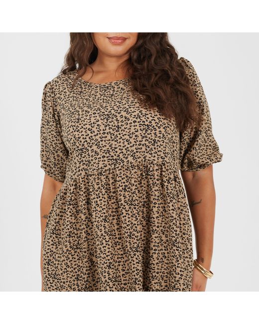 Brave Soul Brown Plus Size Short Sleeve Animal Print Midi Dress With Tiered Hem