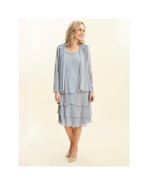 Gina Bacconi Blue Camira Lace Shoulder Tier Jacket Dress