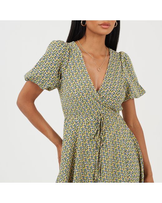 Brave Soul Green V-Neck Midi Floral Wrap Dress