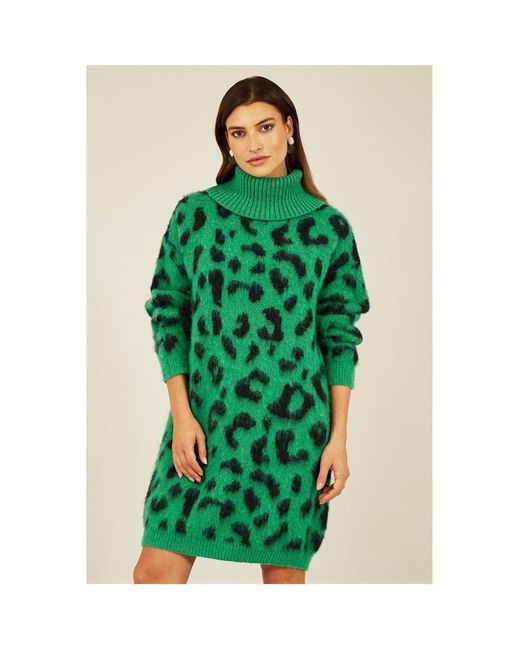 Yumi' Green Animal Roll Neck Knitted Dress