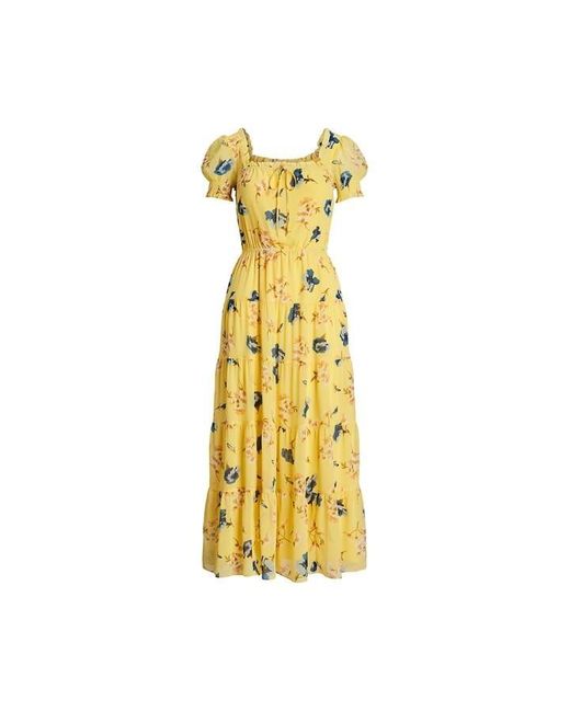Lauren by Ralph Lauren Yellow Floral Georgette Puff-sleeve Midi Dress