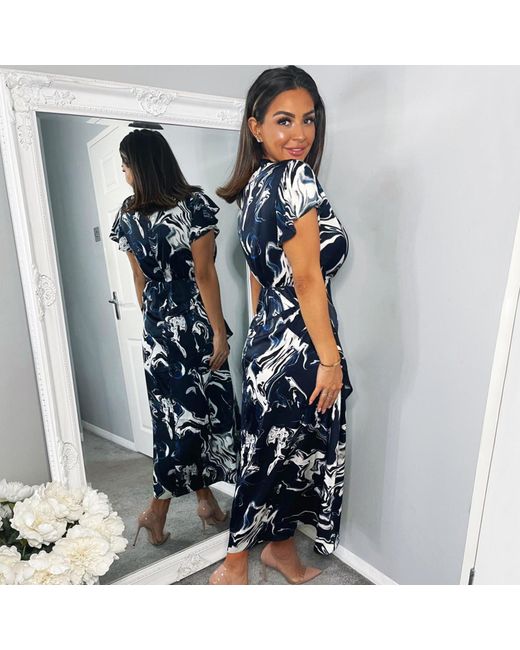 AX Paris Blue Marble Print Short Sleeve Ruffle Midi Dress