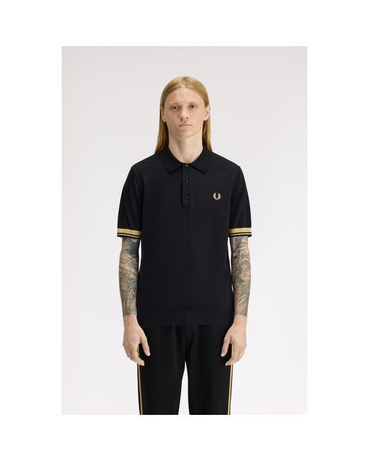 Fred Perry Black Knitted Cuff Short Sleeve Polo Shirt for men